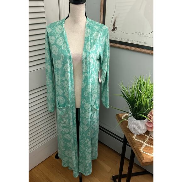 LULAROE Womens Sweater Large Blue Sarah Open Cardigan Duster Floral Soft Knit - Picture 2 of 14